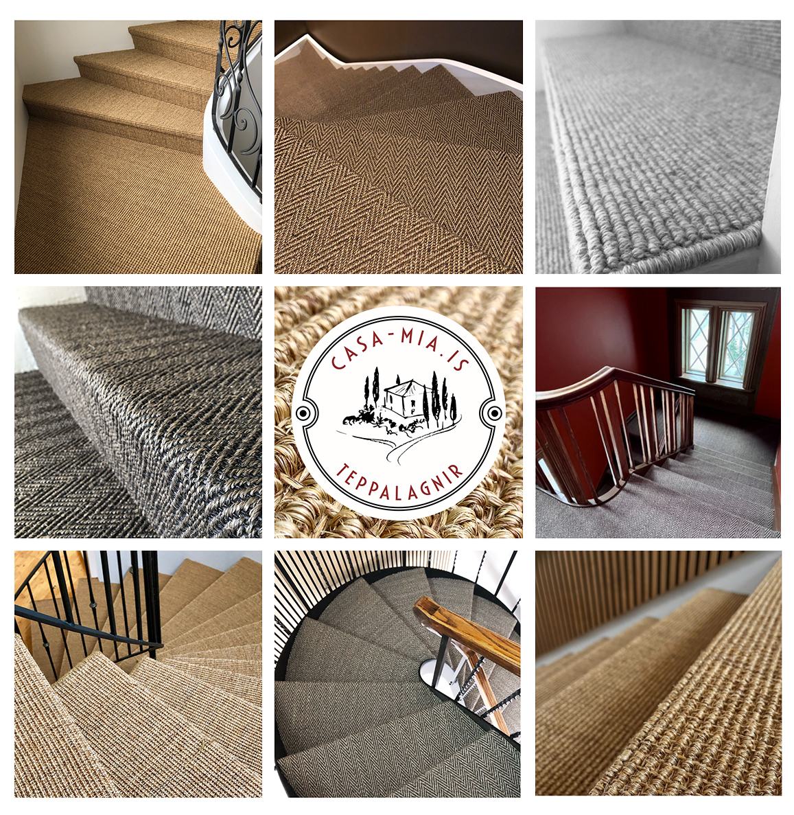 Beige carpeted staircase with a decorative wrought-iron railing on the side.