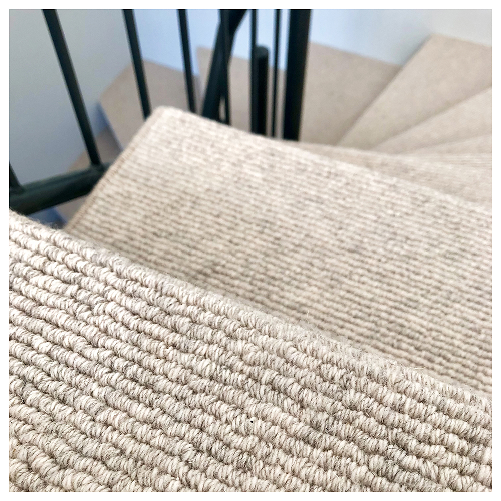 Close-up of beige carpet on stairs with a black metal railing in the background, inside a home or building.